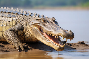 Fototapeta premium Close-up portrait of a crocodile with open mouth on the river bank