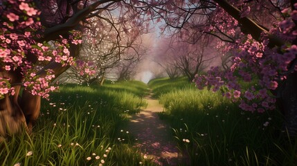 breathtaking scene of an orchard path at dawn, first light of the day filtering through mist, illuminating the vibrant pink blossoms, path is bordered by fresh green grass, and the morning dew