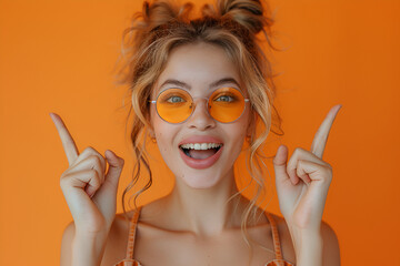 Photo of nice cheerful impressed person open mouth arm fingers demonstrate v-sign isolated on orange color background - obrazy, fototapety, plakaty
