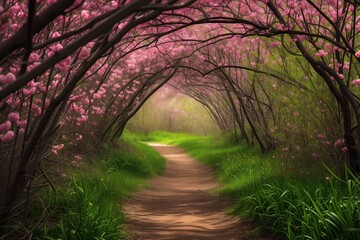 arching branches orchard create a natural cathedral, their blossoms a soft pink canopy against a...