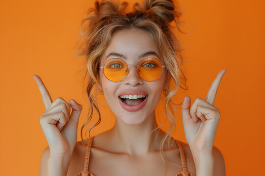 Photo of nice cheerful impressed person open mouth arm fingers demonstrate v-sign isolated on orange color background