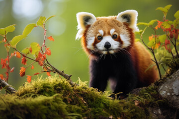 Portrait of Red Panda - Ailurus fulgens in the green forest