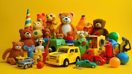 Obraz premium A lot of children's toys. Multicolored children's toys are boxed. Many different bright children's toys.
