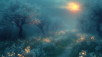 Fototapeta na wymiar path weaves through an orchard under the enchanting light of twilight. The trees, aglow with blossoms, stand as ethereal figures in the soft fog, while the full moon casts a serene radiance