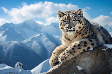 Obraz premium Snow leopard - Panthera uncia, sitting on a rock in the mountains against the blue sky