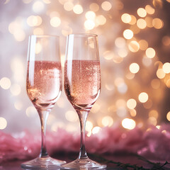 Two glasses of glitting, sparkling champagne and christmas decorations bokeh rose background 