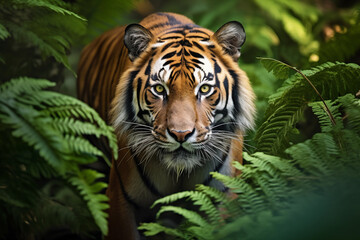 Close-up portrait of a Sumatran tiger Panthera tigris altaica in its natural habitat - obrazy, fototapety, plakaty