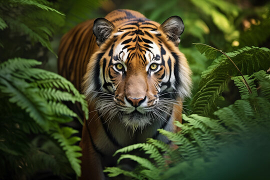 Close-up portrait of a Sumatran tiger Panthera tigris altaica in its natural habitat