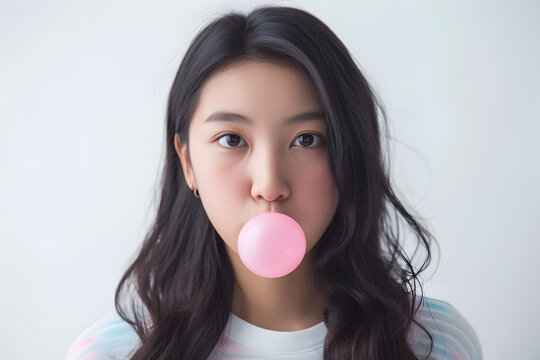 Close up portrait of pretty asian woman chewing pink bubble gum
