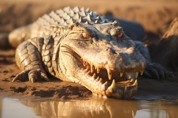 Zelfklevend Fotobehang Portrait of crocodile with open mouth in river shore © Татьяна Евдокимова
