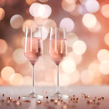 Two glasses of glitting, sparkling champagne and christmas decorations bokeh rose background 