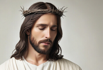 Jesus wearing a crown of thorns against a white backdrop
