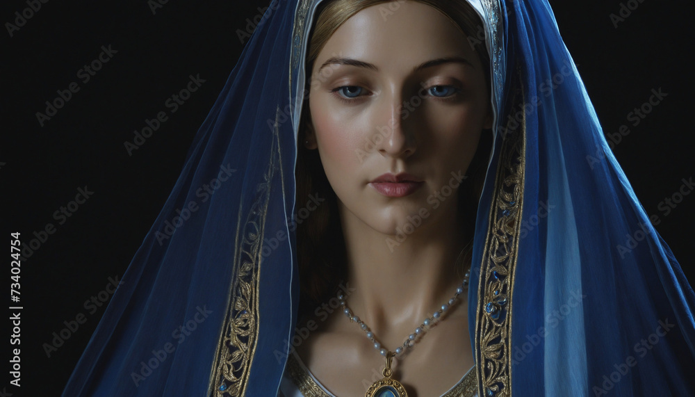 Wall mural Virgin Mary with Blue Veil on Black