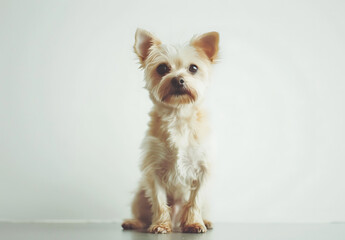 a cute small dog sitting in front of a white backgrou