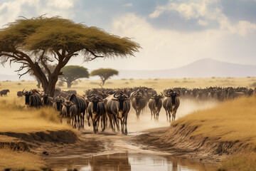 Herd of buffaloes crossing a dirt road in the savannah in South Africa. Wildebeest migration