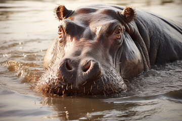 Close up portrait of Hippopotamus in the river water