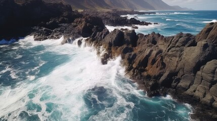 Fototapeta na wymiar Drone view of Tenerife south coast with Atlantic ocean and strong swell beating against the walls of a rocky cliff, blue rough sea with big waves