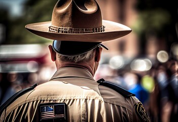 Panoramic close-up rear view police officer at public July 4 parade street event near Dallas, Texas, America. Generative AI