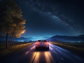 "Starry Drift: Serene Nocturnal Drive Under a Celestial Canopy"