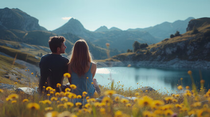 A couple sits on a grassy hillside covered in wild grasses. They are looking out over a lake surrounded by mountains. The sun is setting behind them - obrazy, fototapety, plakaty