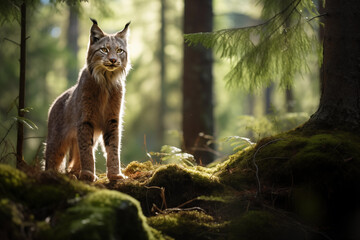 Beautiful lynx in the forest. Wildlife scene from nature.