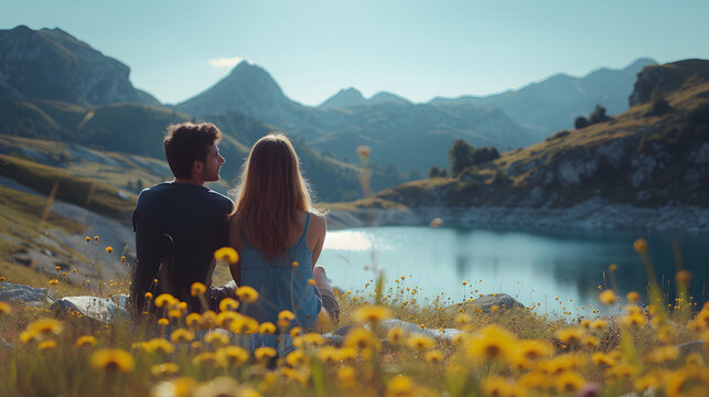 A couple sits on a grassy hillside covered in wild grasses. They are looking out over a lake surrounded by mountains. The sun is setting behind them