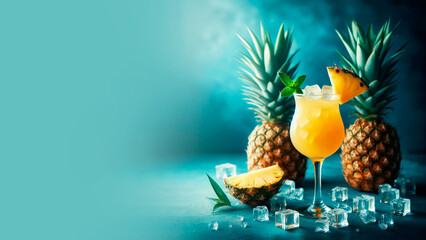 Chilled pineapple cocktail on a blurred blue background, creative concept, space for text, banner