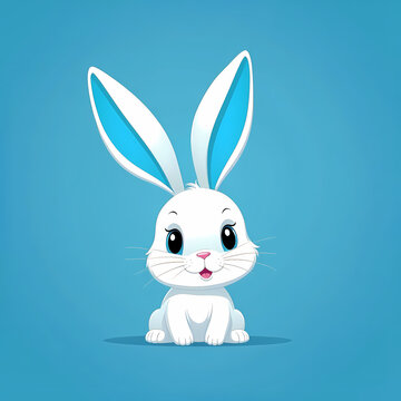 A cartoon white bunny with blue ears and pink lips isolated on a Light blue background