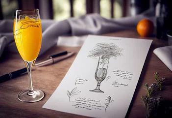 Fotobehang Mimosa Cocktail sketch with recipe. Generative AI © Esmay