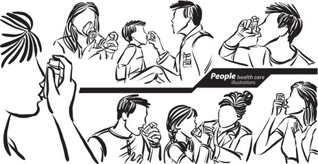 Fototapeta na wymiar people using respiratory inhaler health care lungs sickness doodle design drawing vector illustration