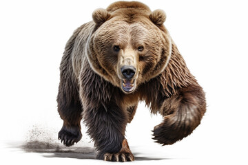 Fototapeta premium Brown Bear Charging on a White Background. Beautiful animal portrait.