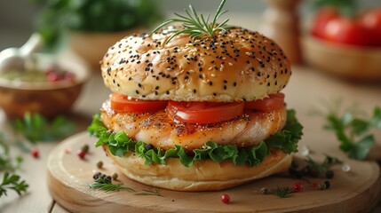 perfect fish burger in a freshly baked bun and seared salmon with crispy pickles. Concept: sophistication and taste, restaurant serving low-calorie fast food, seafood and balanced nutrition