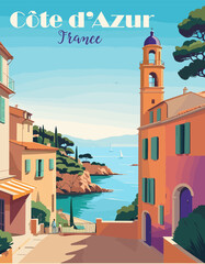 Cote d'Azur, France Travel Destination Poster in retro style. French Riviera vintage colorful print. European summer vacation, holidays concept. Vector art illustration. - obrazy, fototapety, plakaty