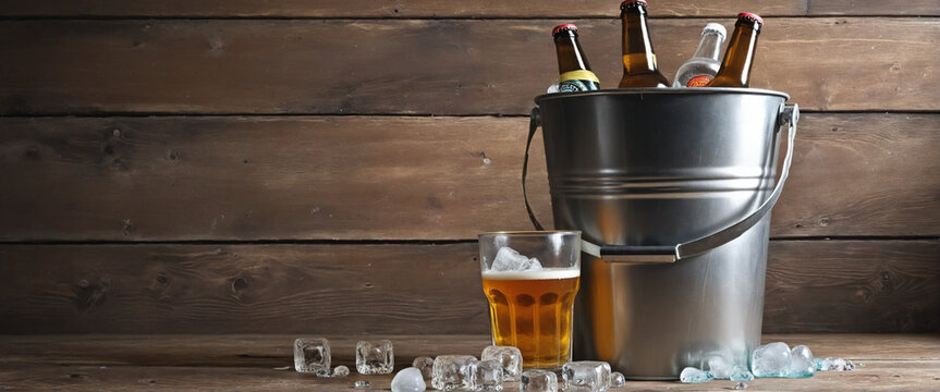 Metal pail with beer bottles and ice on wooden backdrop