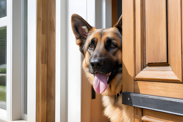 German shepherd dog peeking out from a door