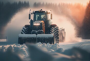snow tractor removes snow in winter. Generative AI