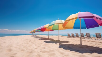 Fototapeta na wymiar Beach chairs and colorful umbrella on the beach in sunny day.