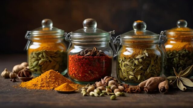 many different dry spices in glass jars in the kitchen