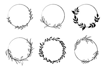 Set of doodle hand drawn decorative wreath with branch, herb, plant, leave and flower, floral. vector