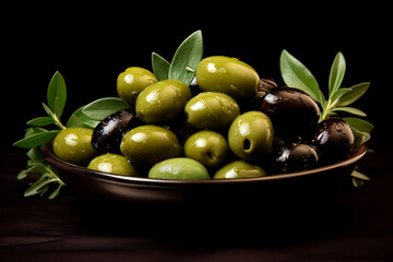green and black olives on a plate, olive leaves dark background