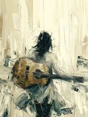Classic guitar player abstract artwork made of plaster and paint, beige, gray, black