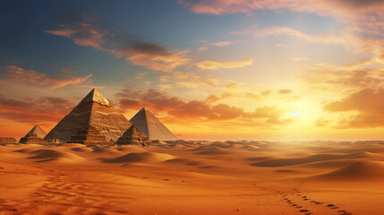 Pyramids in the desert at sunset. AI Generative.