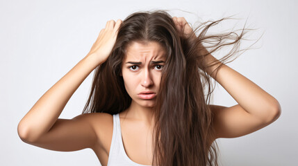 Obraz premium Young woman with hair loss problem on white background. Health care concept