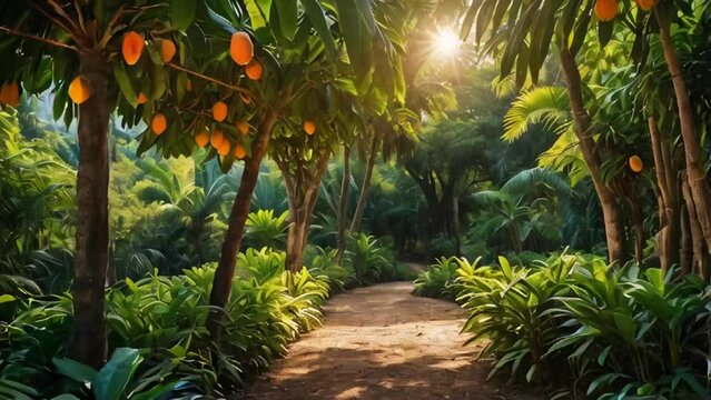 Beautiful alley with mango trees in the garden