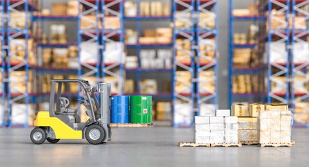 moving forklift transports a pallet with bins inside a warehouse.