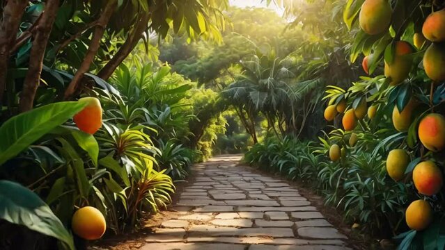 Beautiful alley with mango trees in the garden