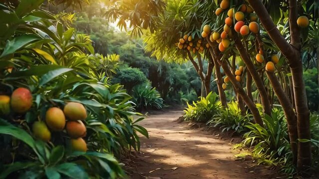 Beautiful alley with mango trees in the garden