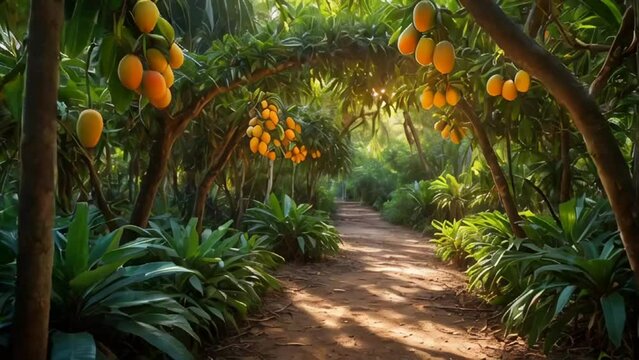Beautiful alley with mango trees in the garden