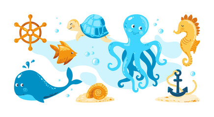 Underwater world. Octopus, fish, seahorse, shell, whale, anchor. Ocean life. Marine set with sea creatures for girls and boys, baby shower, birthday, greeting cards - obrazy, fototapety, plakaty