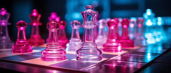 Neon Glowing Chess Pieces in Pink and Blue. A captivating image of transparent chess pieces illuminated in neon pink and blue hues, creating a striking visual on a glass chessboard.